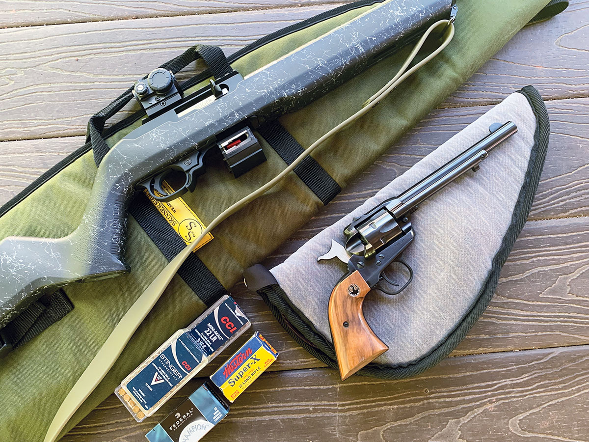 Old and new: an old model Ruger Single Six and a Ruger lightweight carbon fiber 10-22. Two totally  opposite .22-caliber firearms that are fun to shoot.